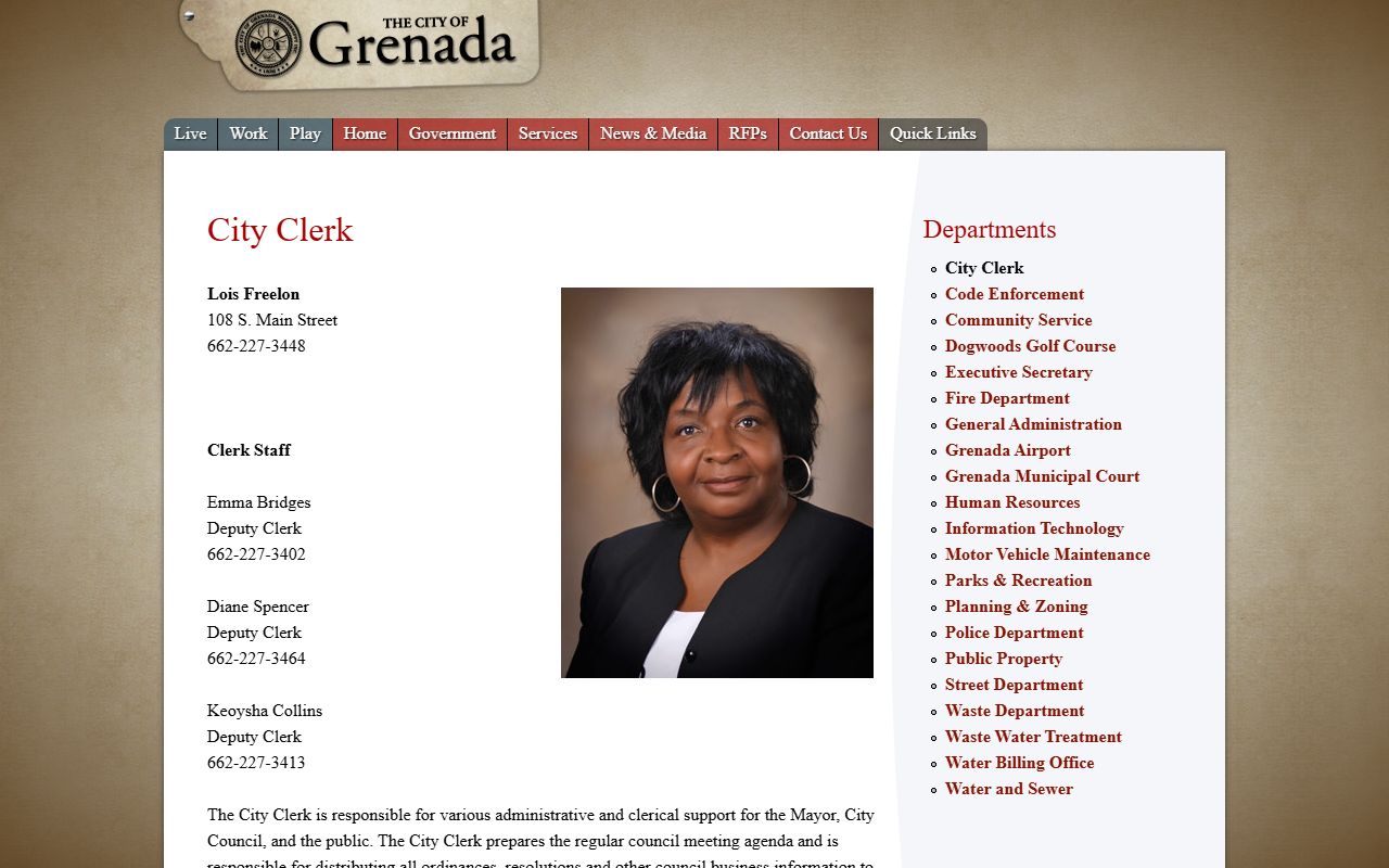 Grenada County Circuit Clerk court records contact details on the City of Grenada website
