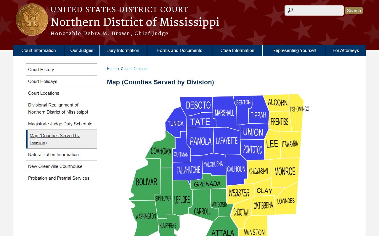 Grenada County federal court records map showing the Northern District of Mississippi divisions