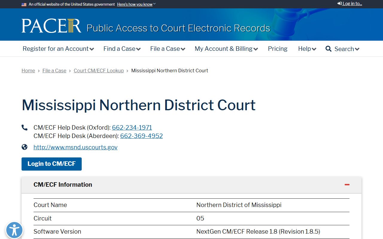 Grenada County federal court records through the PACER CM/ECF Northern District lookup