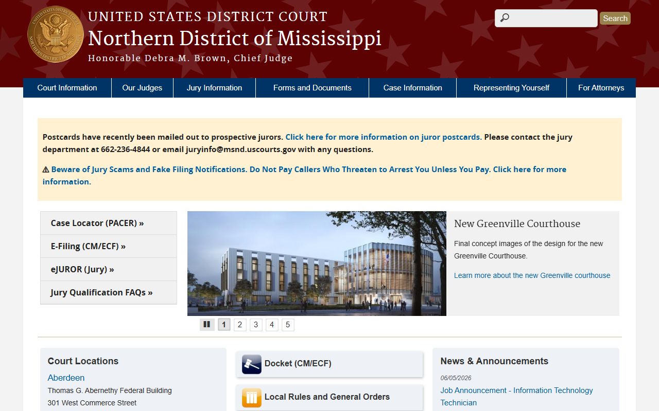 Grenada County federal court records access through the Northern District of Mississippi homepage