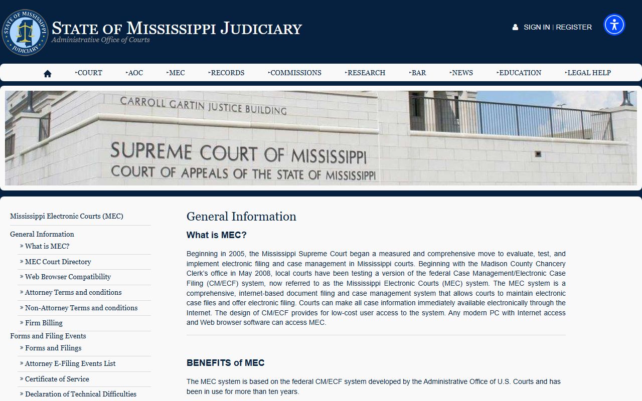 Grenada County court records access through the Mississippi Electronic Courts general information page