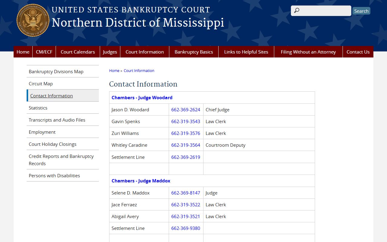 Grenada County federal court records contacts on the Northern District bankruptcy court page