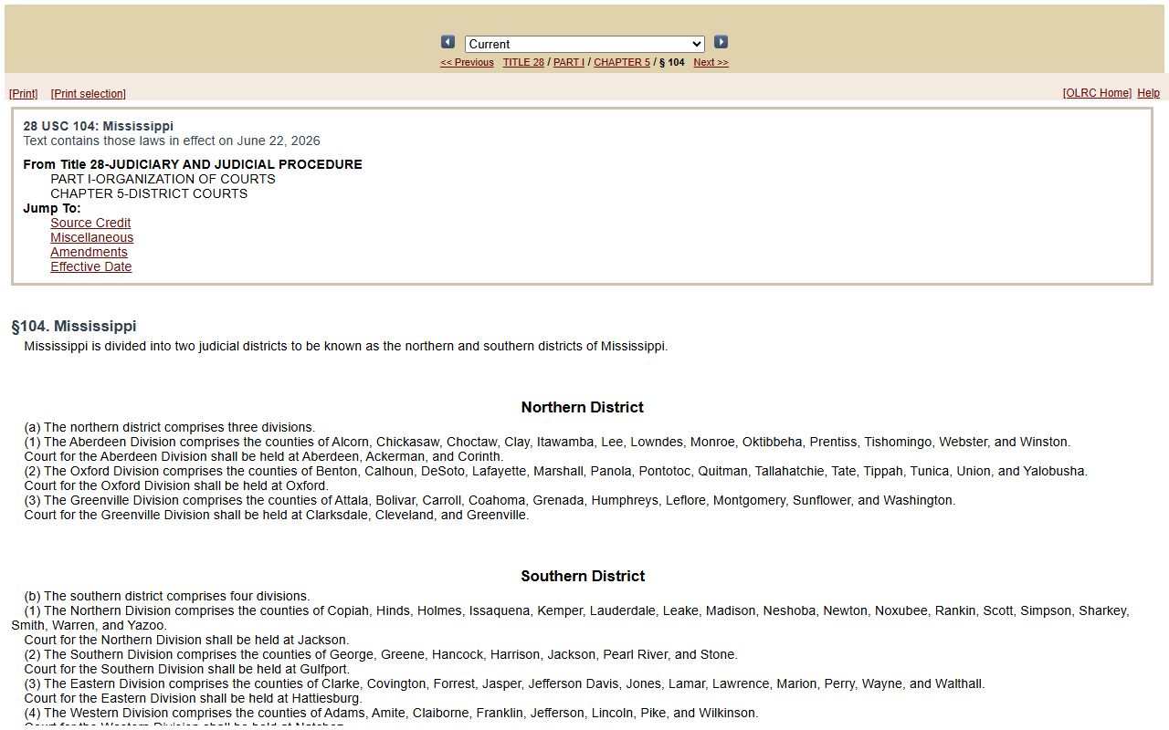 Grenada County federal court records organization in the United States Code district statute