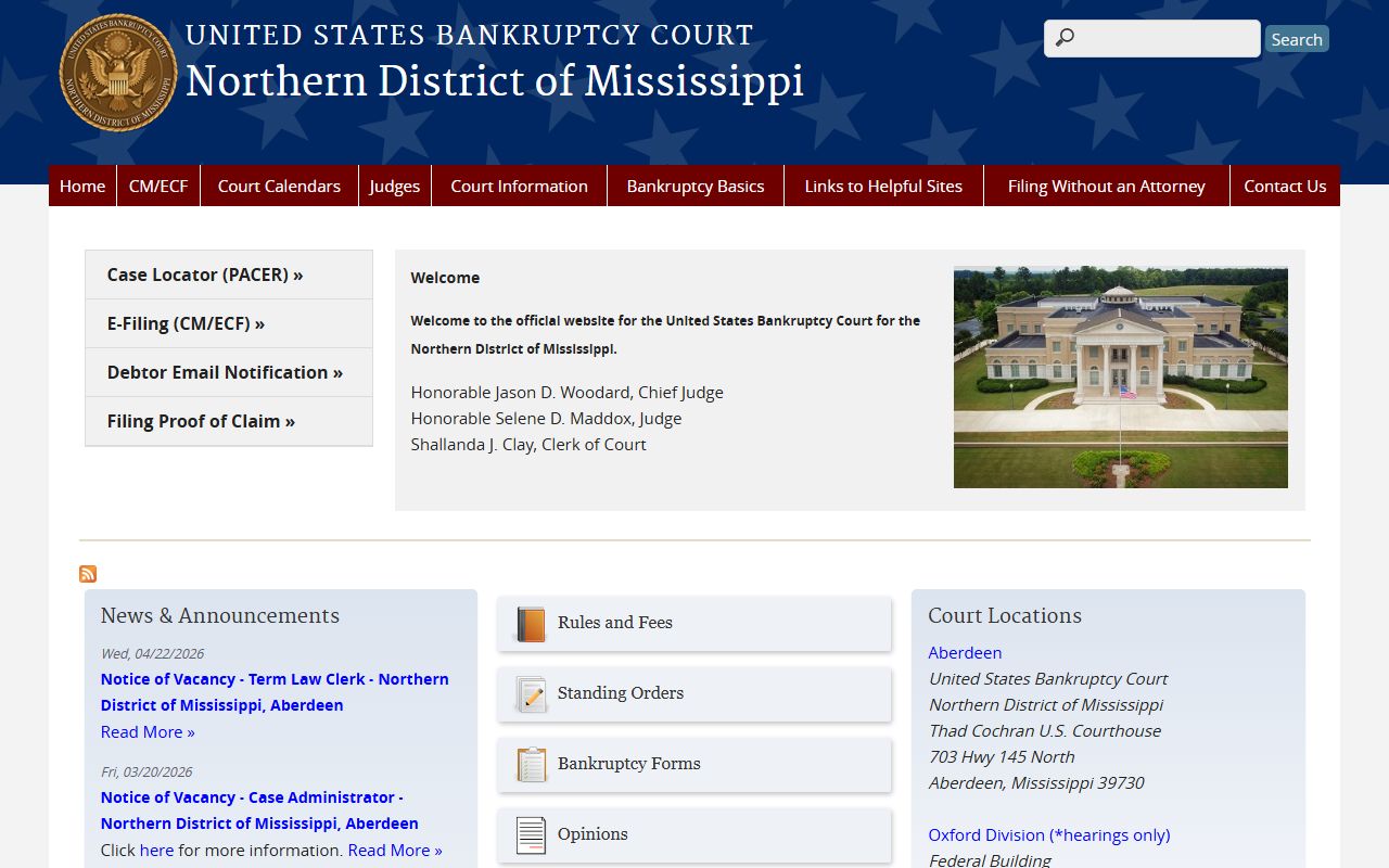 Grenada County federal court records access through the Northern District of Mississippi Bankruptcy Court