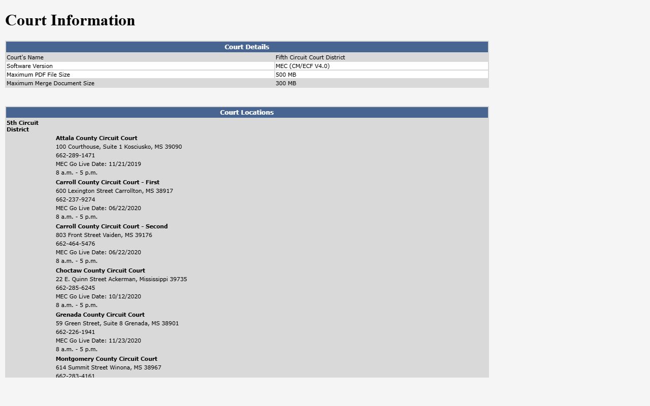 Grenada County Court records on the Fifth Circuit MEC court information page