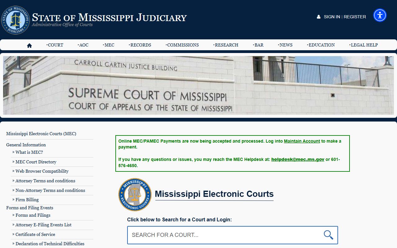 Grenada County Court records access through Mississippi Electronic Courts