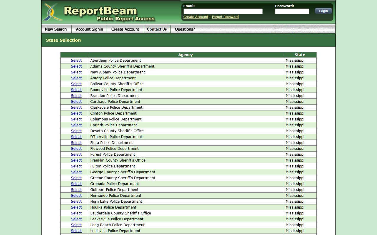 Grenada County inmate records and incident report access through the ReportBeam Mississippi portal