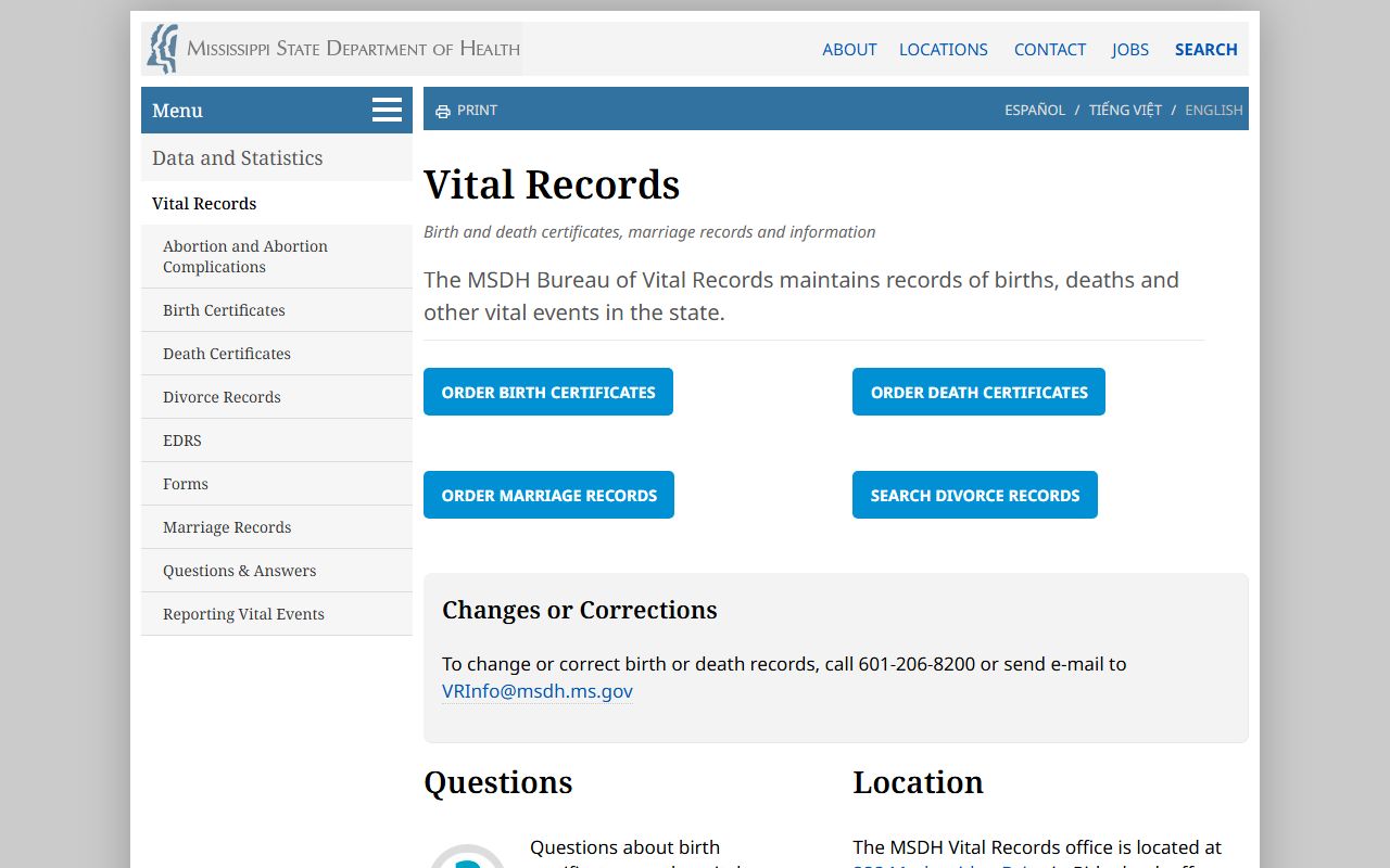 Grenada County marriage and divorce records access through the Mississippi State Department of Health Vital Records page