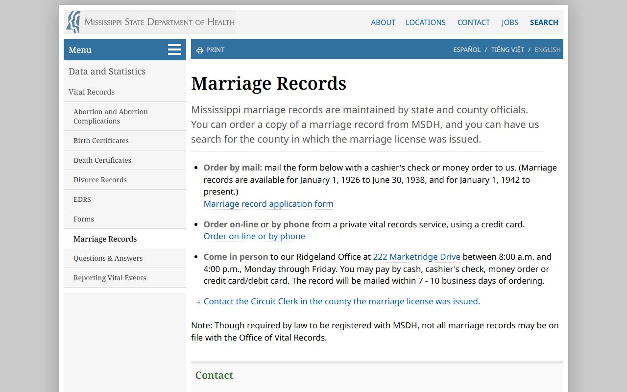 Grenada County marriage and divorce records fee details on the Mississippi State Department of Health marriage records page