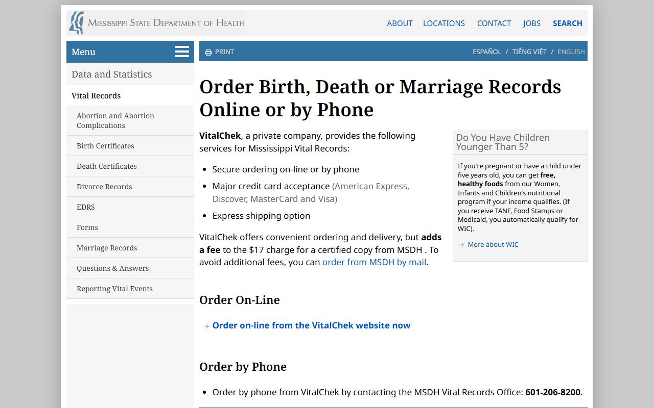 Grenada County marriage and divorce records online and phone ordering through the Mississippi State Department of Health