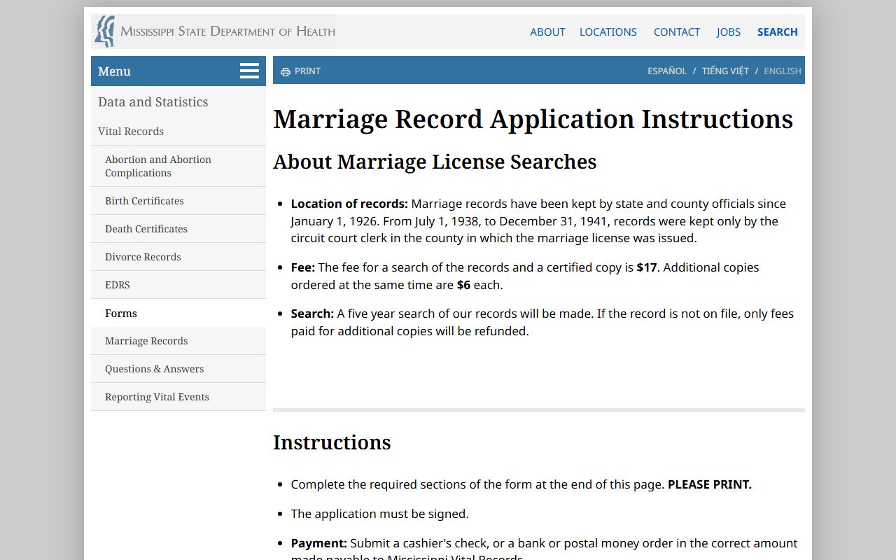 Grenada County marriage and divorce records application instructions from the Mississippi State Department of Health