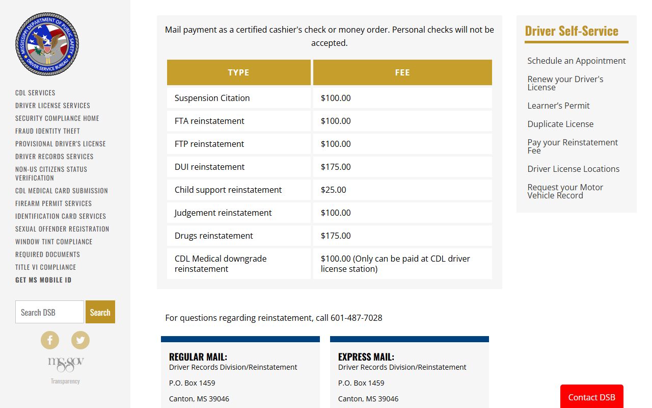 Grenada County traffic court records and the Mississippi DPS driver reinstatement fee page