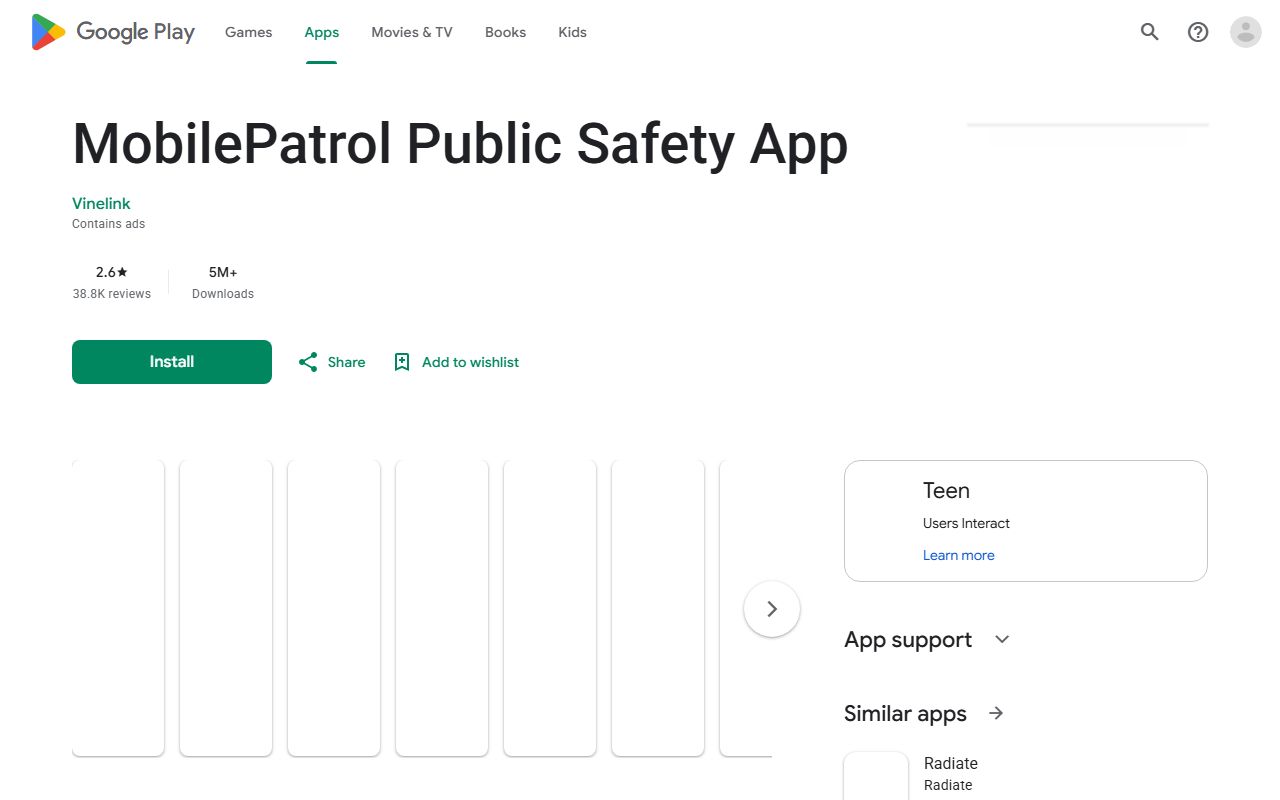 Grenada County warrant records app context on the MobilePatrol Google Play listing